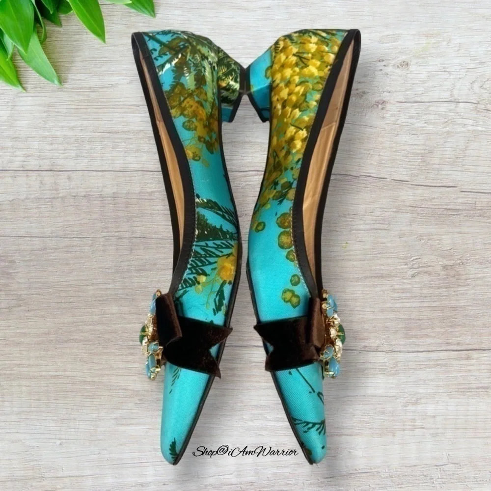J.Crew RARE floral silk embellished bow pointed toe low heel flats/shoes